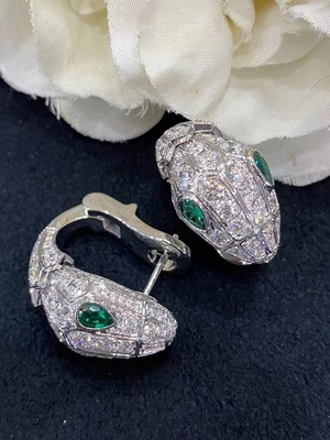 18k White Gold  Serpenti Earrings Emerald Eyes Full Pave Diamonds