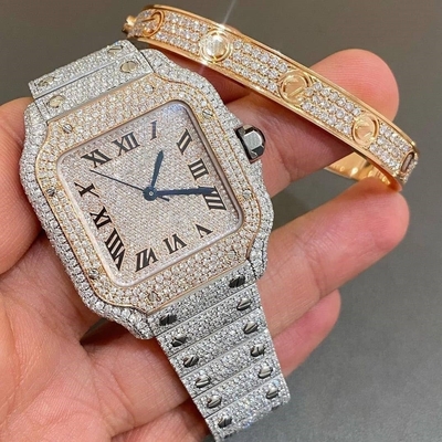 Uomini Donne Diamante Ghiacciato Bling Orologi Dial Bezel Band VVS Orologio Moissanite